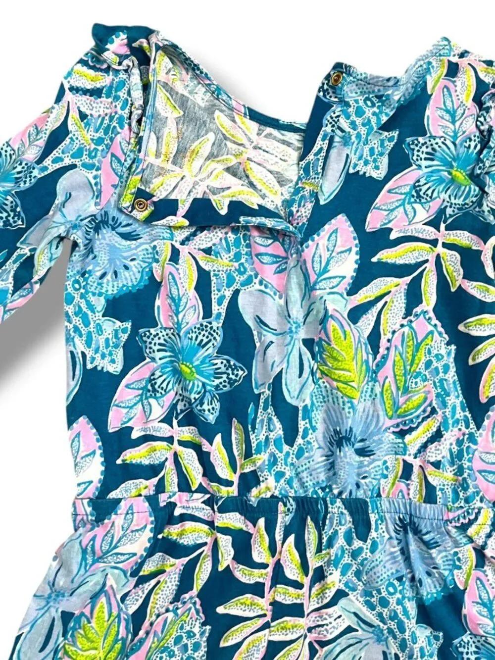 Lilly Pulitzer Girls Blue Tropical Summer Floral Romper Ruffle Shoulder Size 6-7